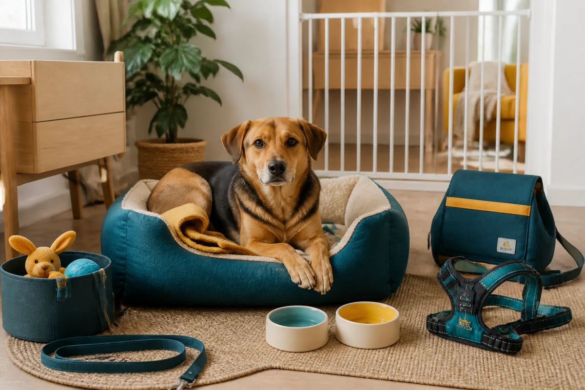 Chien adulte calme dans son panier, avec harnais et accessoires organisés dans un espace intérieur sécurisé et accueillant