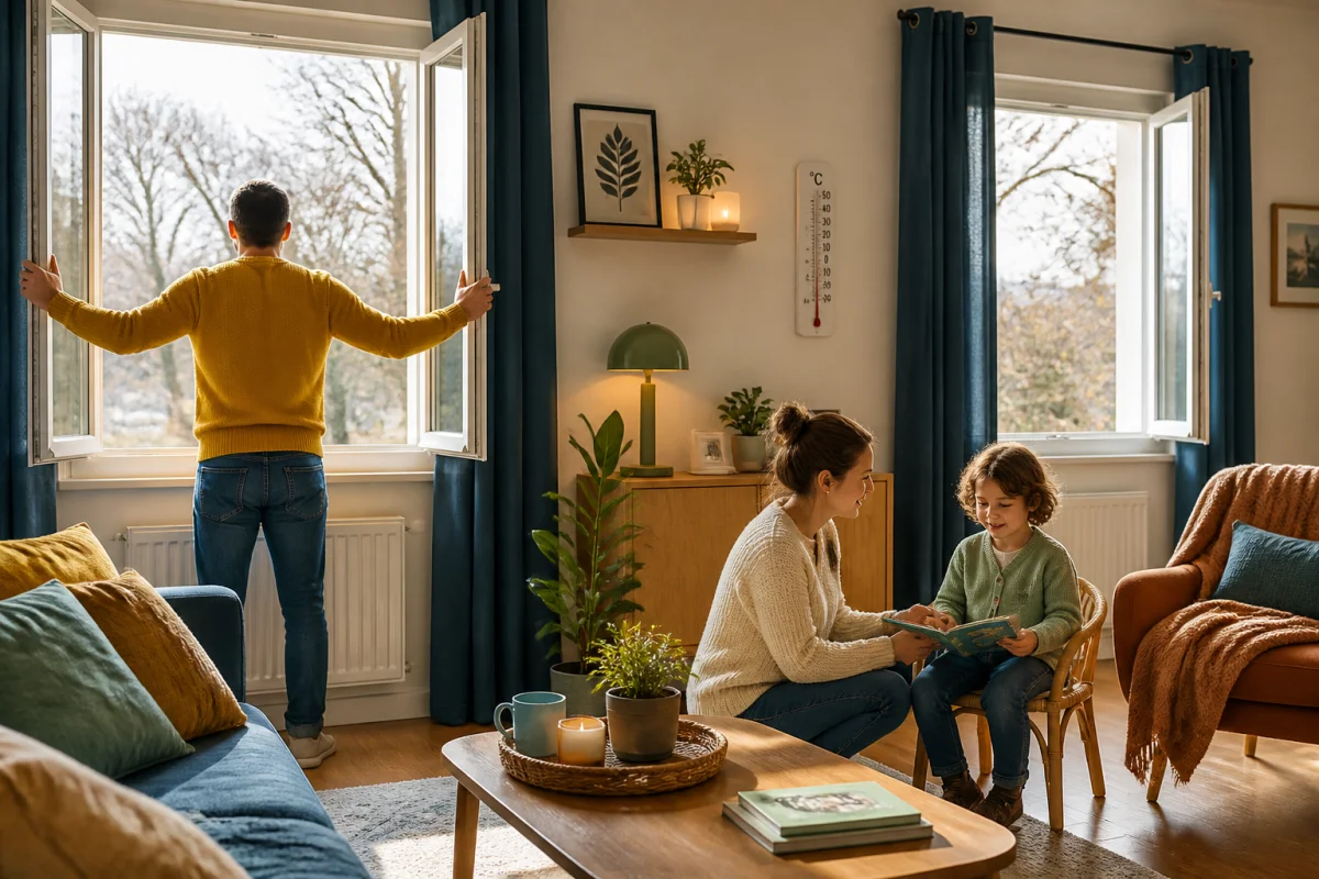 Famille aérant le salon en hiver pour prévenir les infections respiratoires grâce à une fenêtre ouverte et un enfant à l’abri du courant d’air