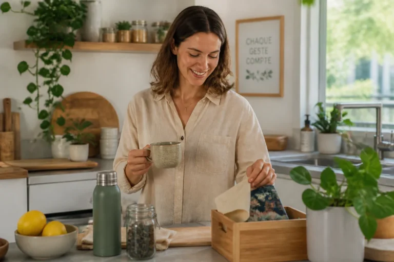 Personne souriante préparant une boisson chaude et rangeant des objets réutilisables pour améliorer son bien-être au quotidien.