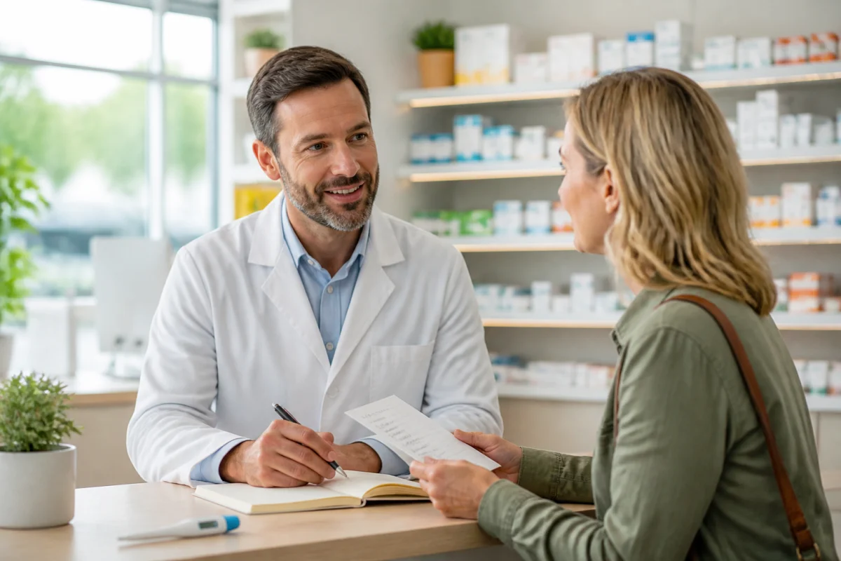 Pharmacien conseillant une personne sur la prévention et les moyens d’améliorer son immunité naturellement au quotidien