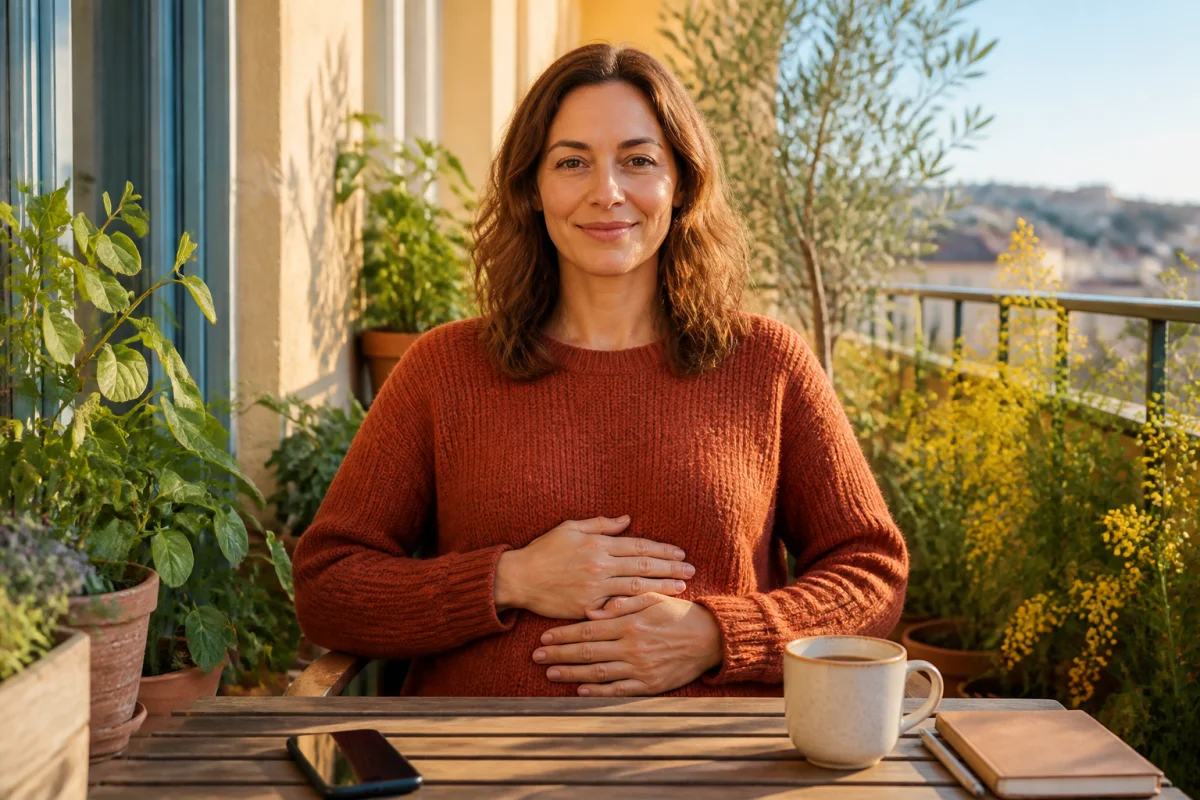 Adulte serein méditant sur un balcon végétalisé, symbolisant comment améliorer son bien-être au quotidien.