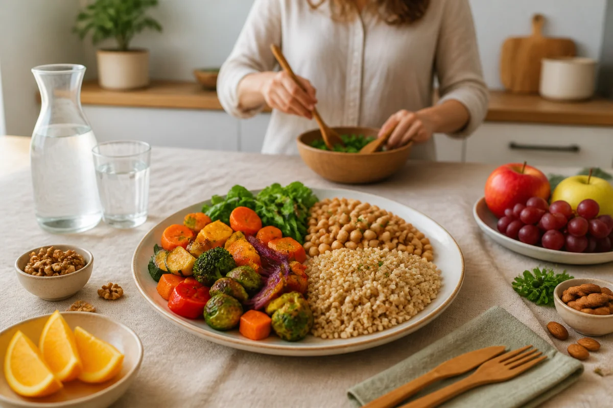 Assiette équilibrée de légumes colorés, céréales complètes, protéines végétales, fruits et noix pour améliorer son immunité naturellement