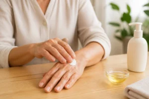 Automassage des mains avec crème hydratante, flacon neutre et huile végétale sur une table en bois clair