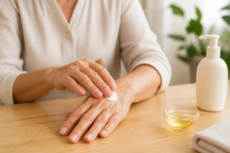 Automassage des mains avec crème hydratante, flacon neutre et huile végétale sur une table en bois clair