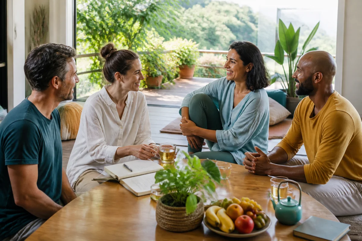 Bien Être Marina : groupe diversifié d’adultes souriants dans un espace lumineux dédié au bien-être durable