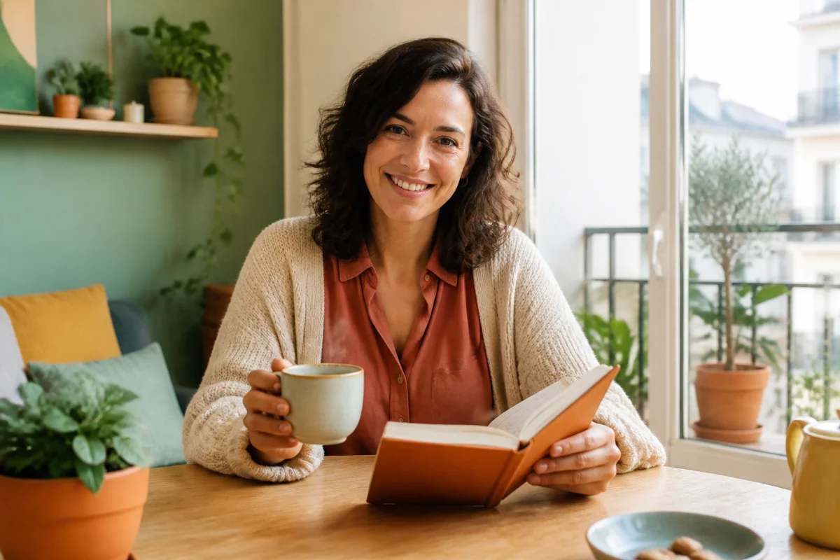 Bien Être Marina : femme souriante avec carnet et tisane dans un intérieur lumineux propice à une routine de bien-être durable