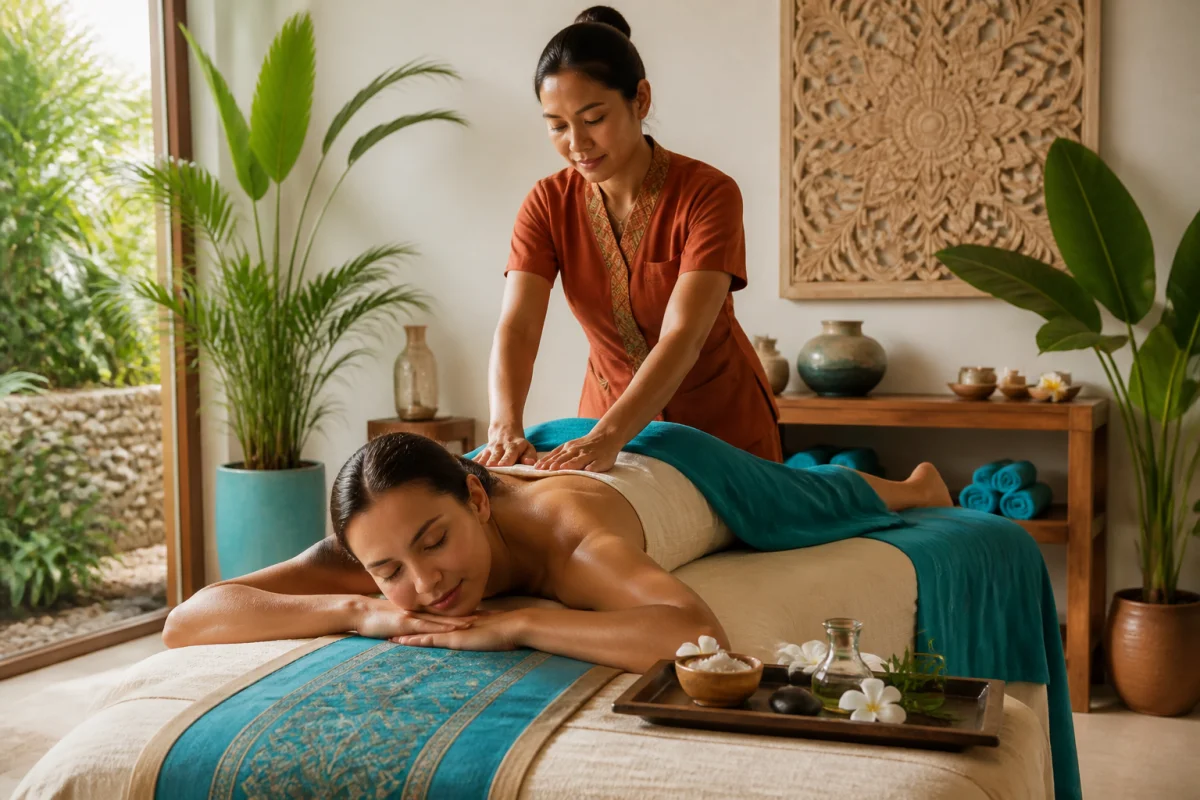 Bienfaits du massage bien-être balinais pratiqué dans une cabine tropicale lumineuse et apaisante
