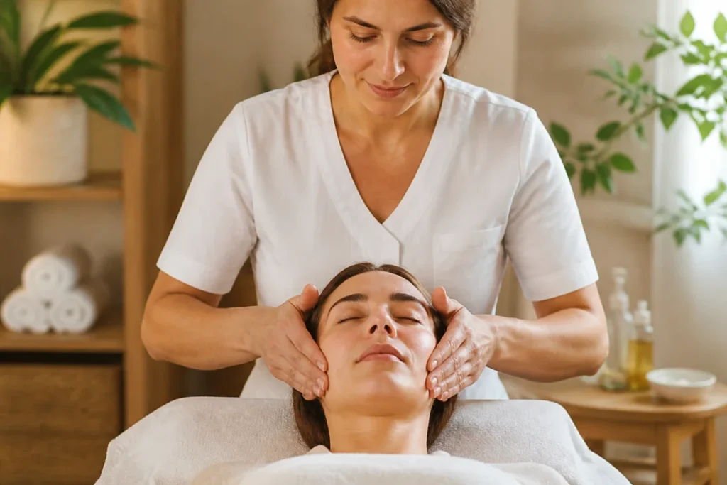 Bienfaits du massage bien-être : praticienne massant doucement le visage d’une personne dans un cabinet apaisant
