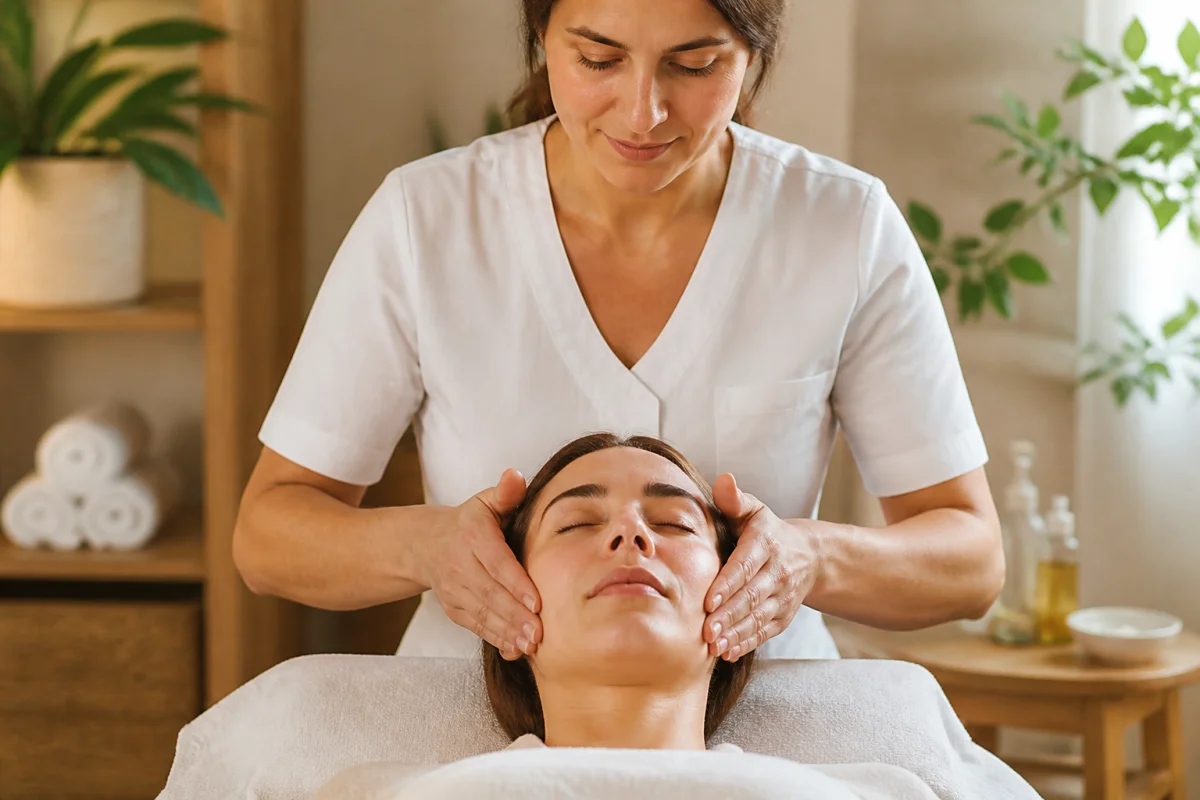 Bienfaits du massage bien-être : praticienne massant doucement le visage d’une personne dans un cabinet apaisant