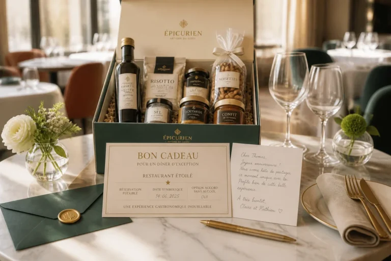 Coffret cadeau gastronomique avec bon cadeau pour un restaurant étoilé, carte manuscrite et réservation flexible