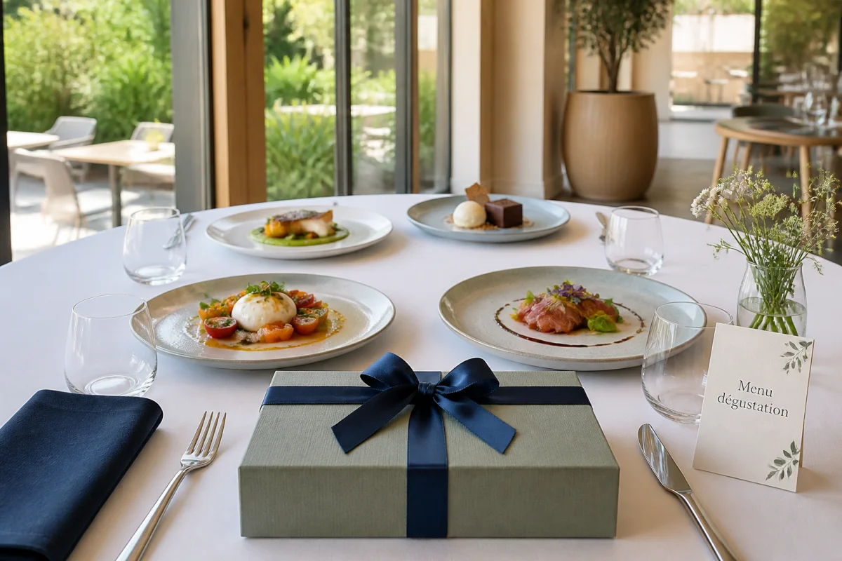 Coffret cadeau pour un restaurant étoilé posé devant une table gastronomique avec menu dégustation en quatre temps.