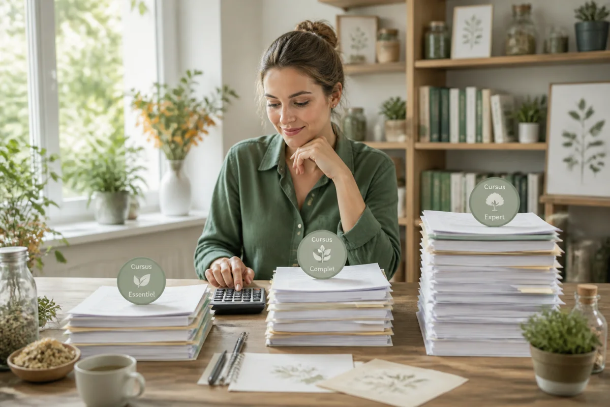 Apprenante en naturopathie comparant les coûts de plusieurs formations avec dossiers, calculatrice et livres sur les plantes