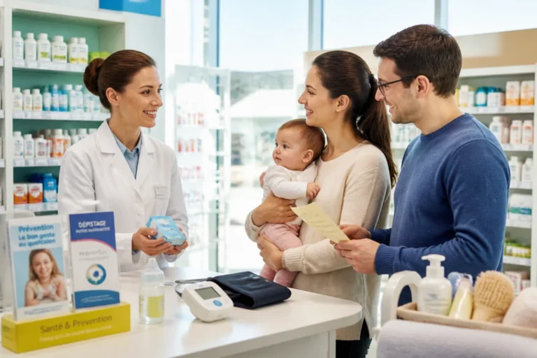 Quand consulter un pharmacien : conseil personnalisé à une mère, son bébé et un aidant en pharmacie lumineuse