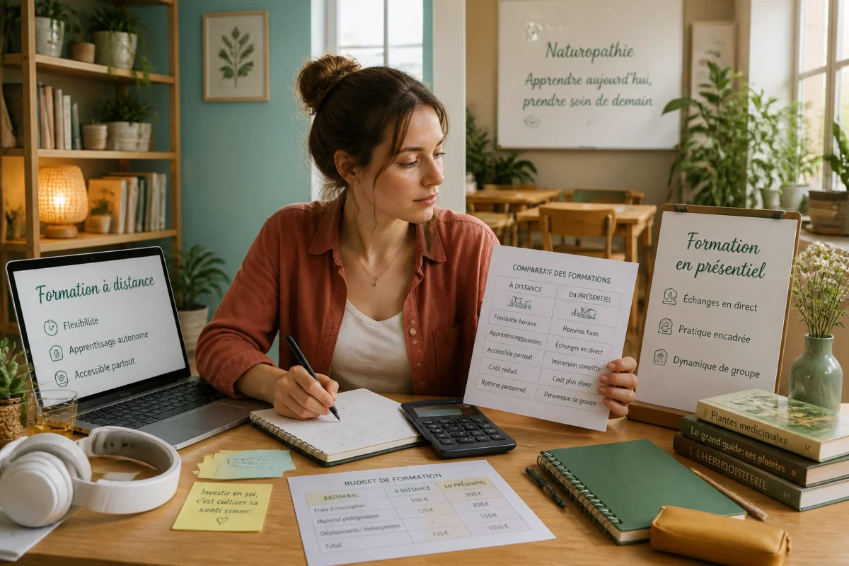 Étudiante comparant les coûts d’une formation naturopathe à distance et en présentiel, avec ordinateur, documents et calculatrice.