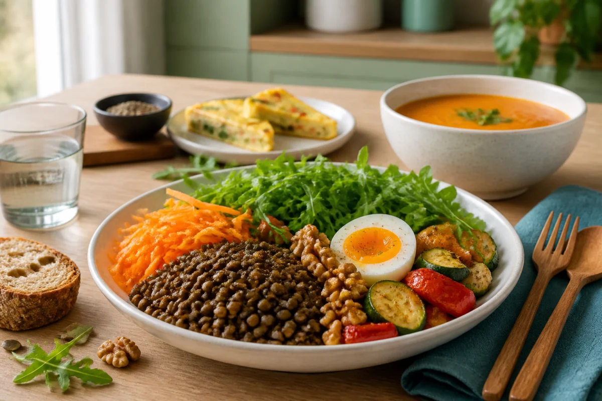 Assiette équilibrée de lentilles, carottes, roquette, œuf et noix, illustrant une détox naturelle et bien-être quotidien.