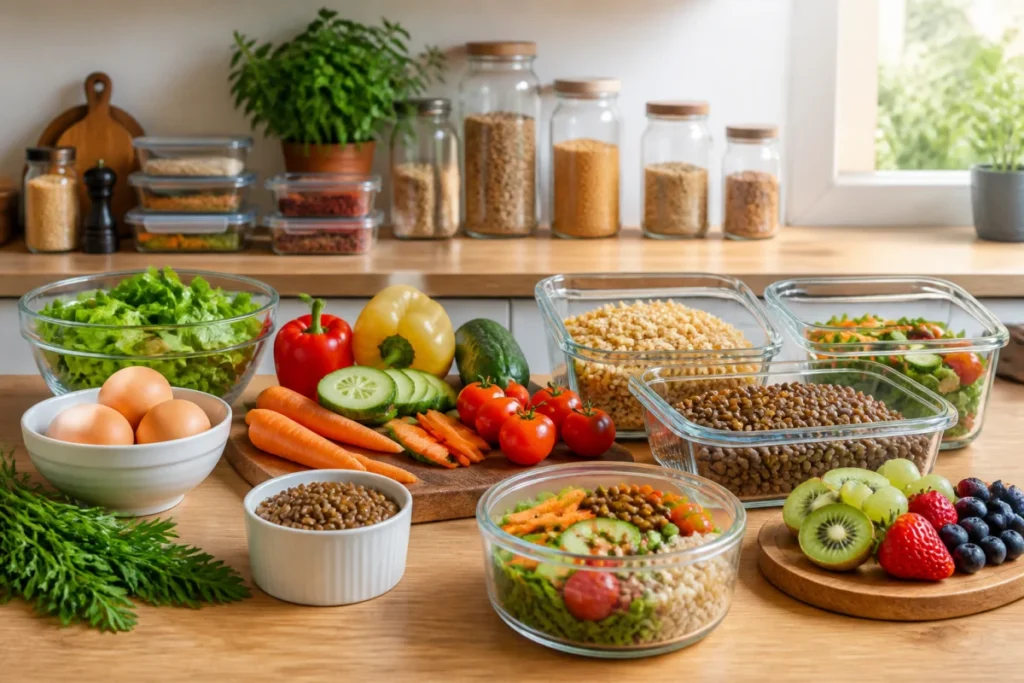Détox naturelle et bien-être : légumes colorés, œufs, lentilles et céréales complètes préparés pour plusieurs repas.