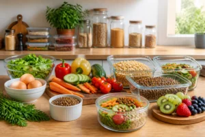 Détox naturelle et bien-être : légumes colorés, œufs, lentilles et céréales complètes préparés pour plusieurs repas.