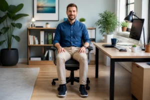 Personne assise avec une posture ergonomique au bureau, bassin soutenu, pieds au sol et dos correctement aligné