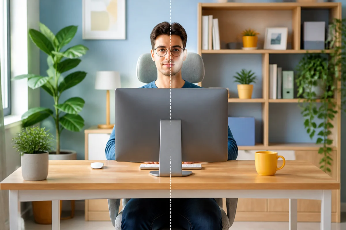 Posture ergonomique au bureau pour prévenir les douleurs de dos au bureau devant un écran bien aligné