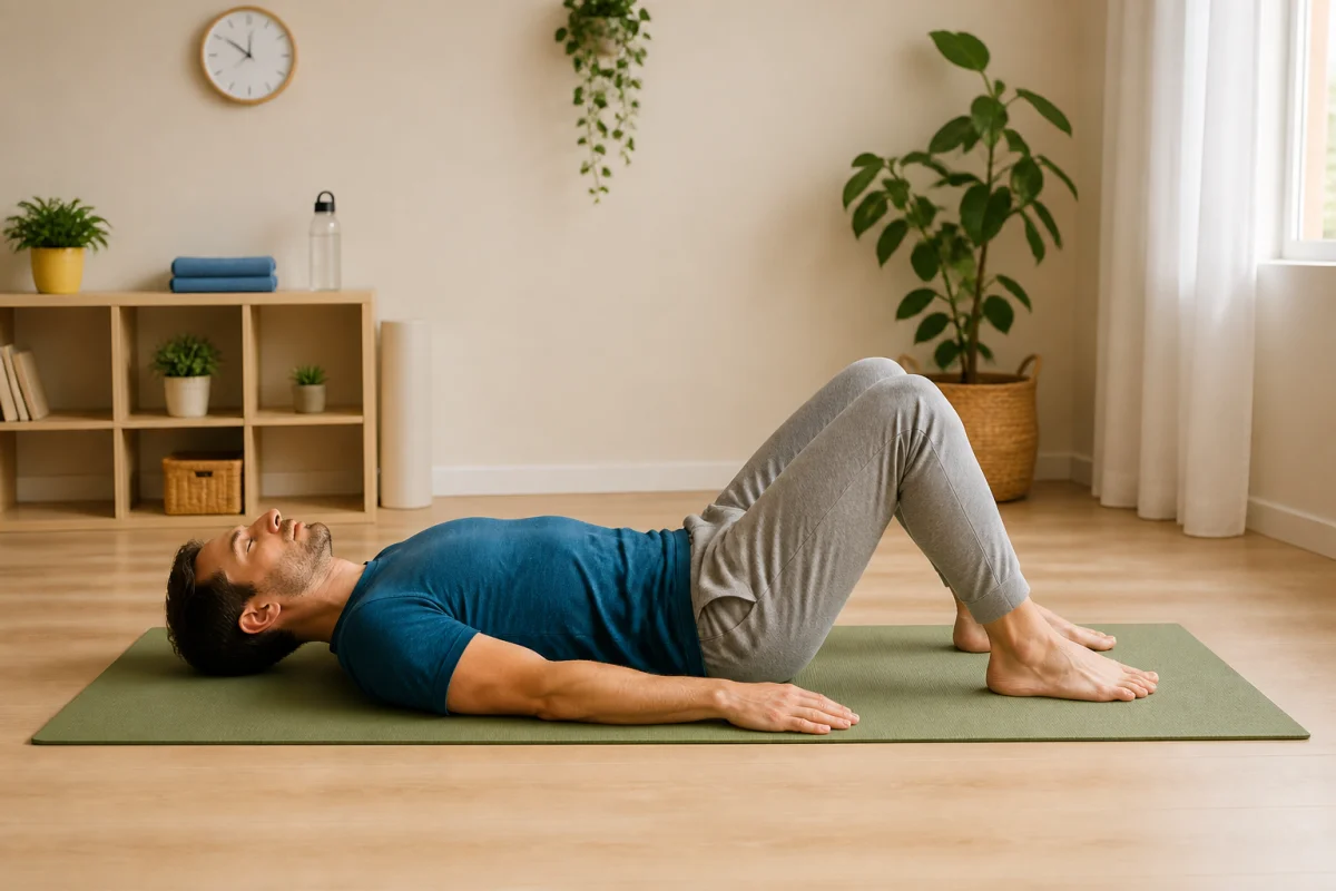 Homme pratiquant des exercices du périnée pour homme, allongé sur le dos dans une chambre lumineuse