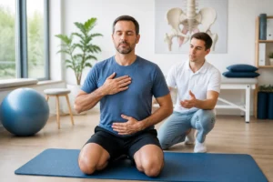 Homme réalisant des exercices du périnée pour homme sous l’accompagnement d’un professionnel en cabinet de rééducation pelvienne
