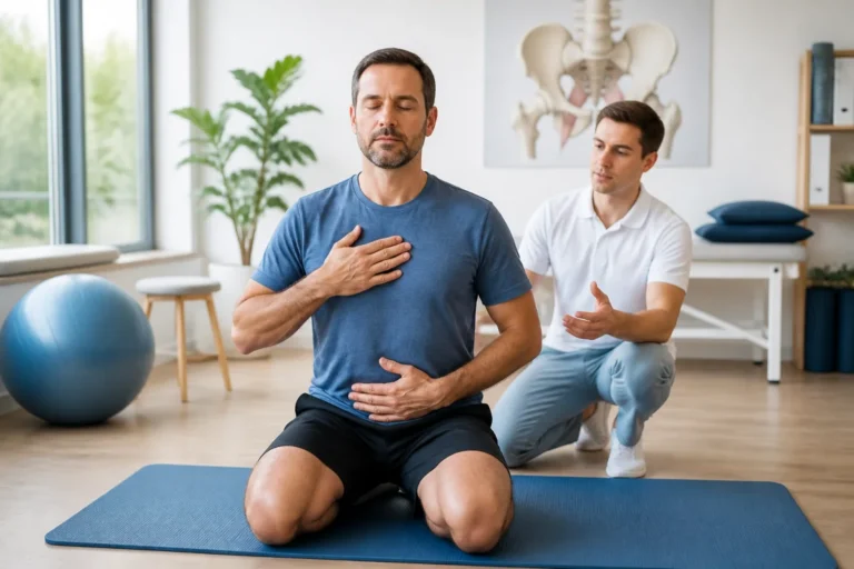 Homme réalisant des exercices du périnée pour homme sous l’accompagnement d’un professionnel en cabinet de rééducation pelvienne