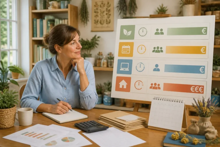 Tableau comparatif des prix d’une formation de naturopathe consulté par une apprenante en salle de formation lumineuse