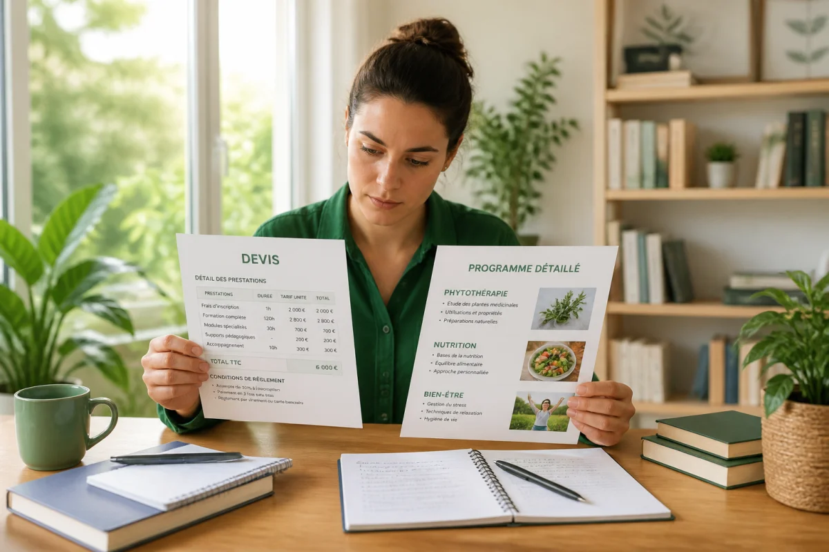 Personne consultant un devis et un programme de formation de naturopathe pour étudier son financementҵзура