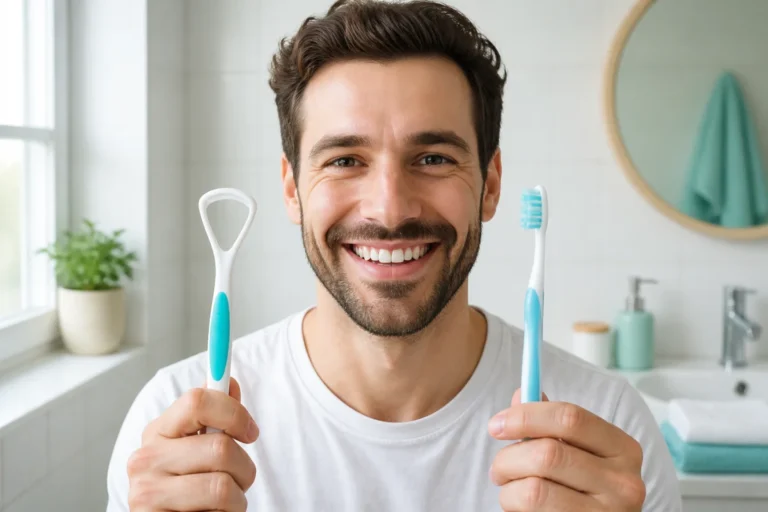 Adulte souriant présentant un gratte-langue et une brosse à dents souple pour l’hygiène de la langue au quotidien