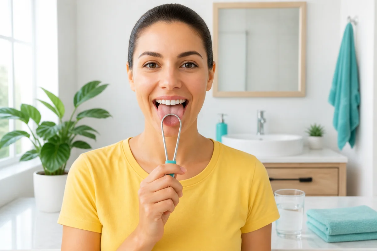 Adulte souriant utilisant un gratte-langue dans une salle de bains lumineuse pour une hygiène de la langue au quotidien