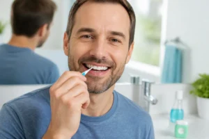 Adulte utilisant une brossette interdentaire pour prévenir les saignements des gencives et améliorer l’hygiène quotidienne