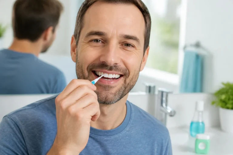 Adulte utilisant une brossette interdentaire pour prévenir les saignements des gencives et améliorer l’hygiène quotidienne