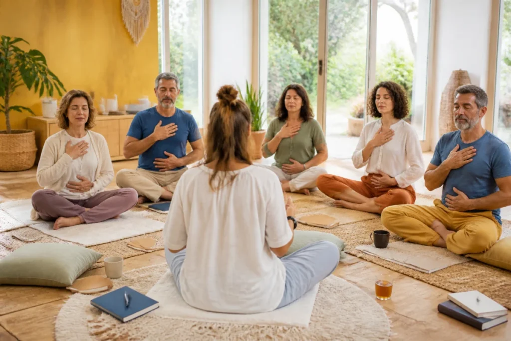 Atelier de relaxation aux Chais De La Cour, avec adultes assis sur des tapis et animatrice guidant une respiration apaisante.