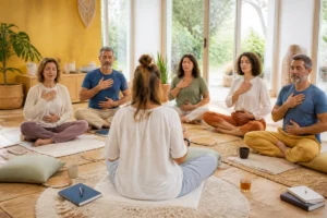 Atelier de relaxation aux Chais De La Cour, avec adultes assis sur des tapis et animatrice guidant une respiration apaisante.