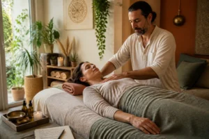 Massage Tantra Toulouse : personne détendue sur une table, accompagnée par un praticien dans un cabinet chaleureux