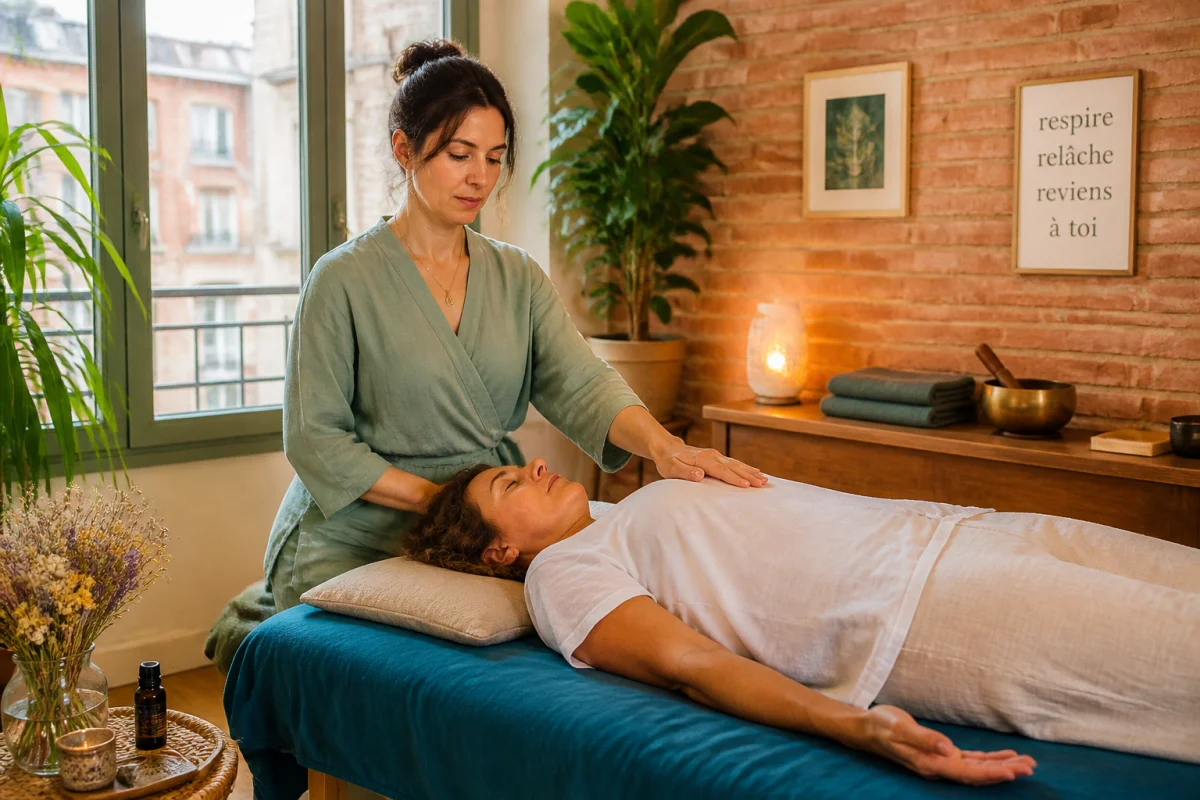 Séance de Massage Tantra à Toulouse dans un cabinet chaleureux, axée sur la respiration et la détente corporelle.