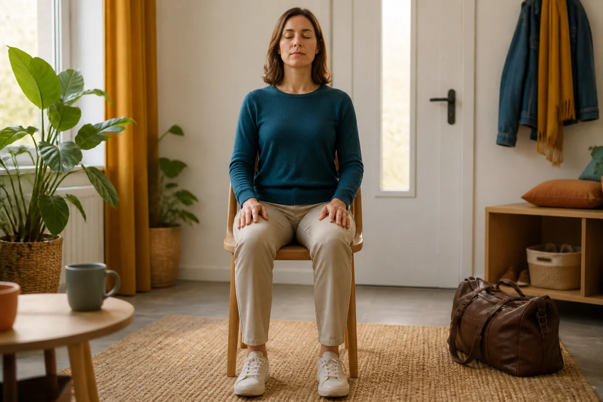 Méditation et respiration pour réduire le stress, personne assise calmement en pleine respiration consciente cinq minutes