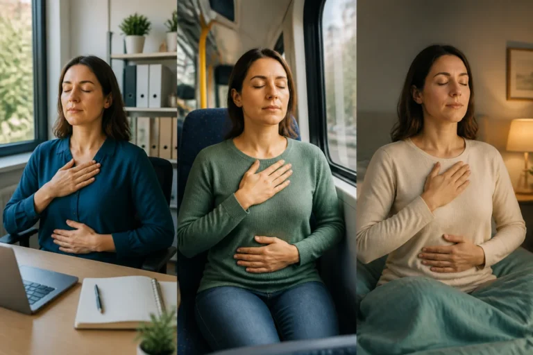 Triptyque illustrant la méditation et la respiration pour réduire le stress au travail, dans les transports et avant le coucher