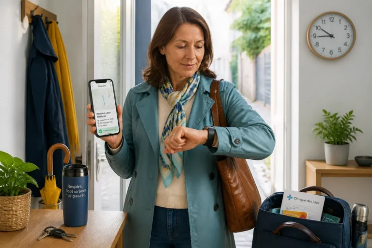 Personne préparant une consultation médicale, vérifiant l’itinéraire et l’heure avec téléphone, sac et documents prêts au départ