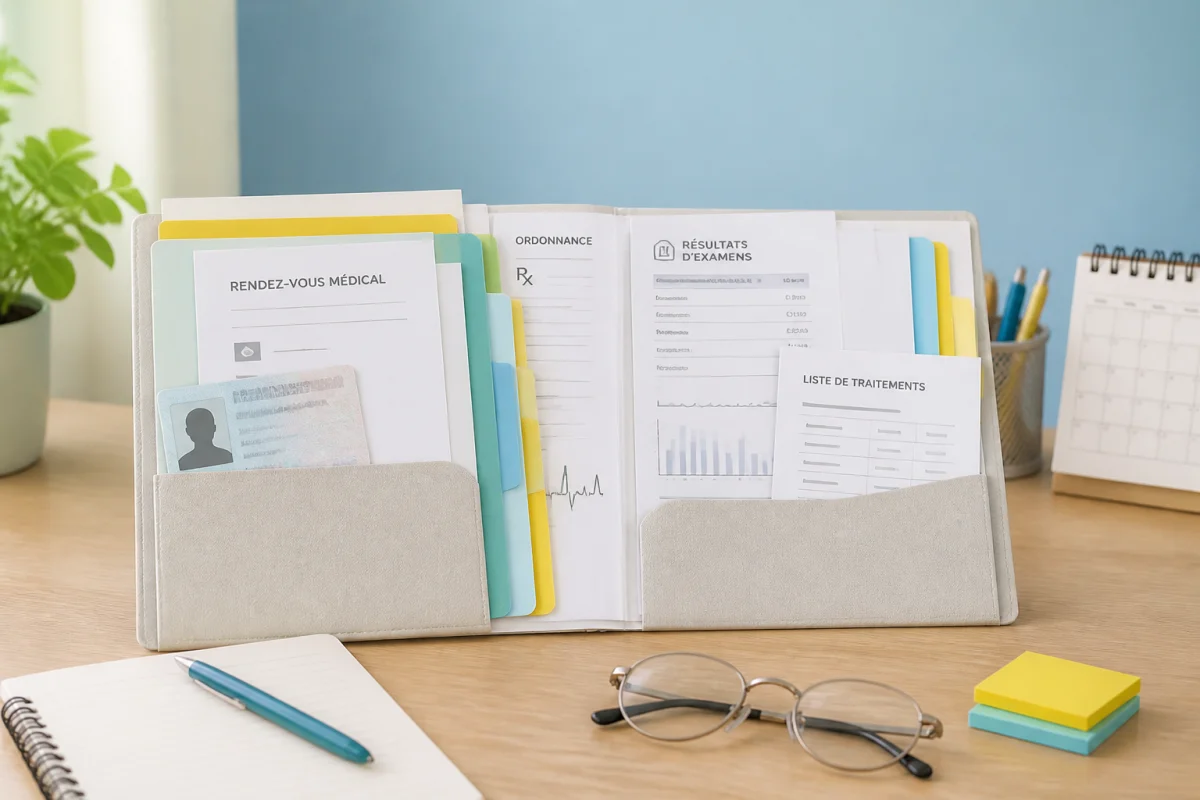 Dossier organisé pour préparer une consultation médicale avec ordonnances, examens, traitements, carnet et stylo