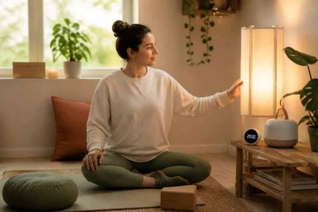 Préparer sa séance bien-être à la maison : personne testant une lumière douce dans un espace de détente apaisant.