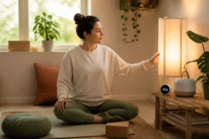 Préparer sa séance bien-être à la maison : personne testant une lumière douce dans un espace de détente apaisant.