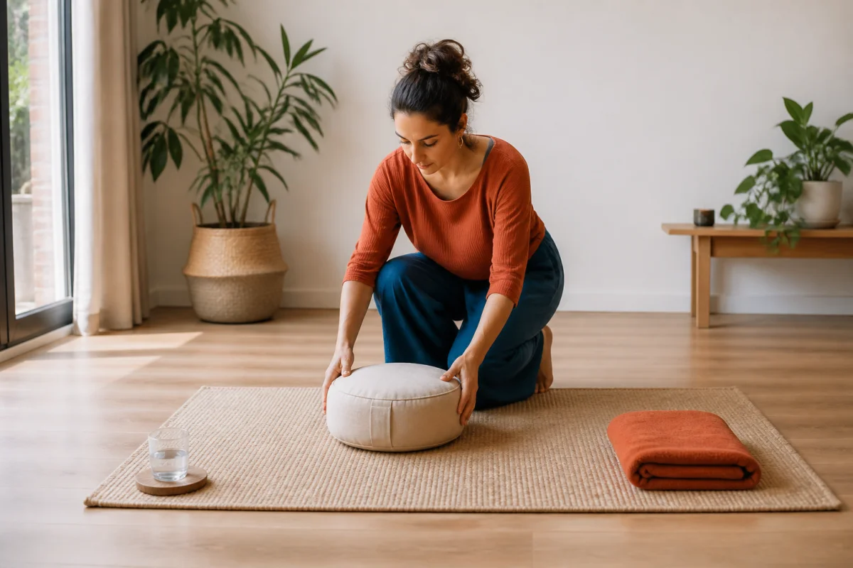 Personne préparant sa séance bien-être à la maison avec tapis, coussin et espace de pratique ordonné