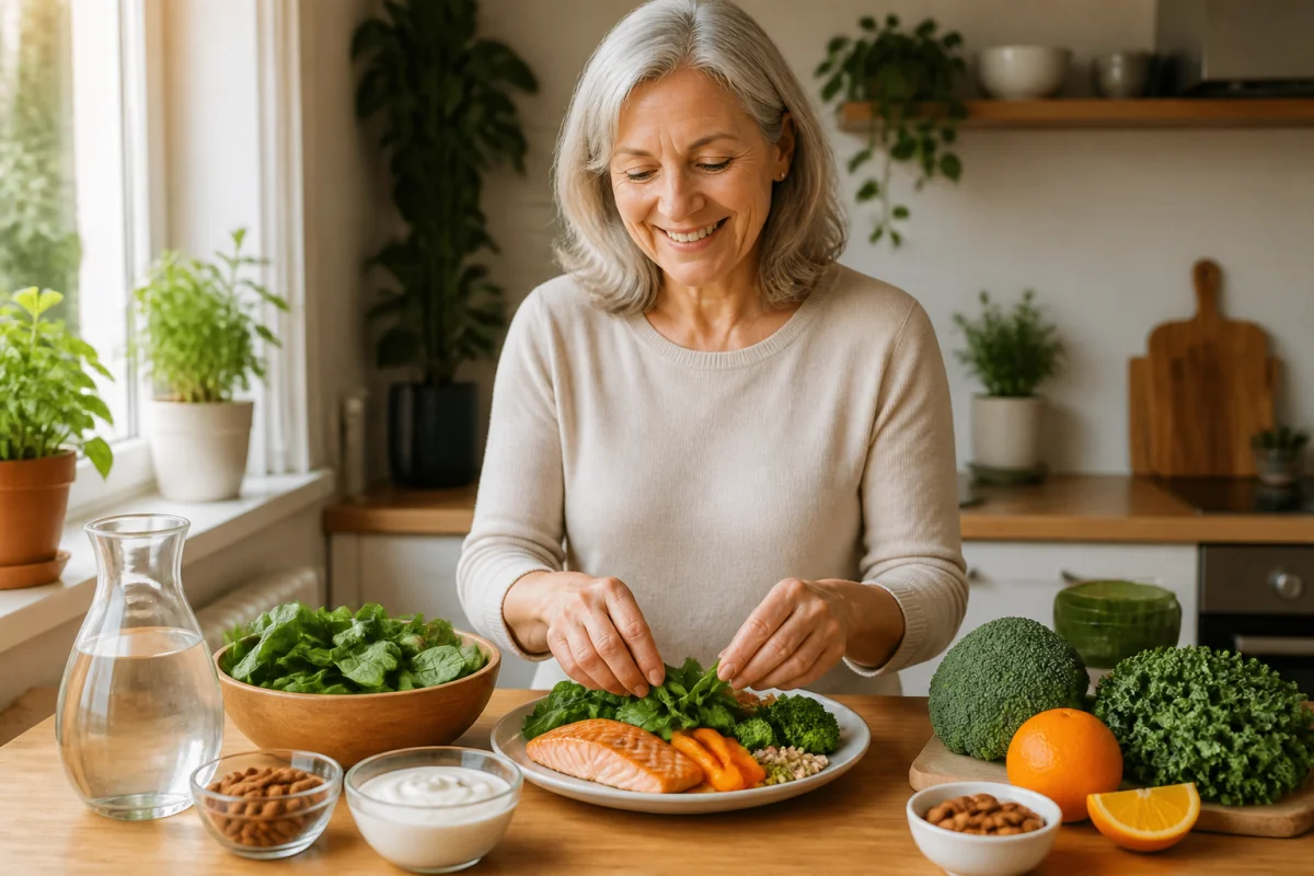 Adulte de plus de 50 ans préparant un repas équilibré pour prévenir l’ostéoporose après 50 ans