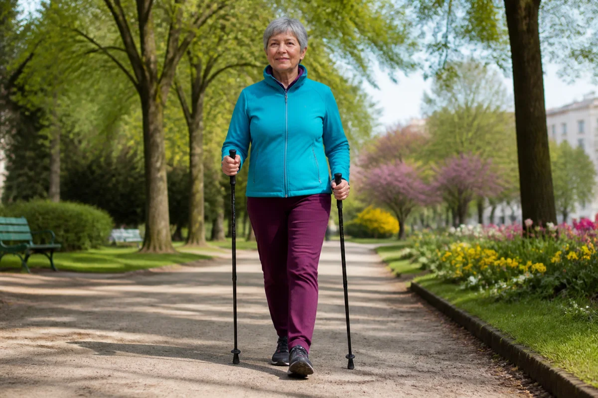 Femme de 60 ans marchant avec des bâtons dans un parc, une activité pour prévenir l’ostéoporose après 50 ans