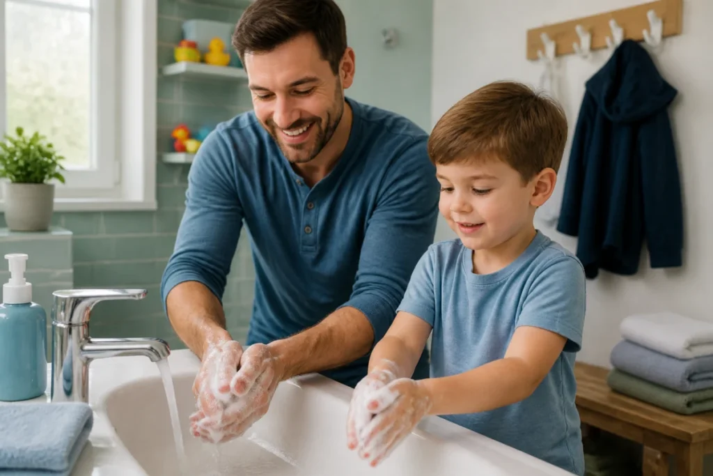 Parent et enfant se lavant soigneusement les mains pour prévenir les infections respiratoires en famille