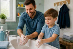 Parent et enfant se lavant soigneusement les mains pour prévenir les infections respiratoires en famille