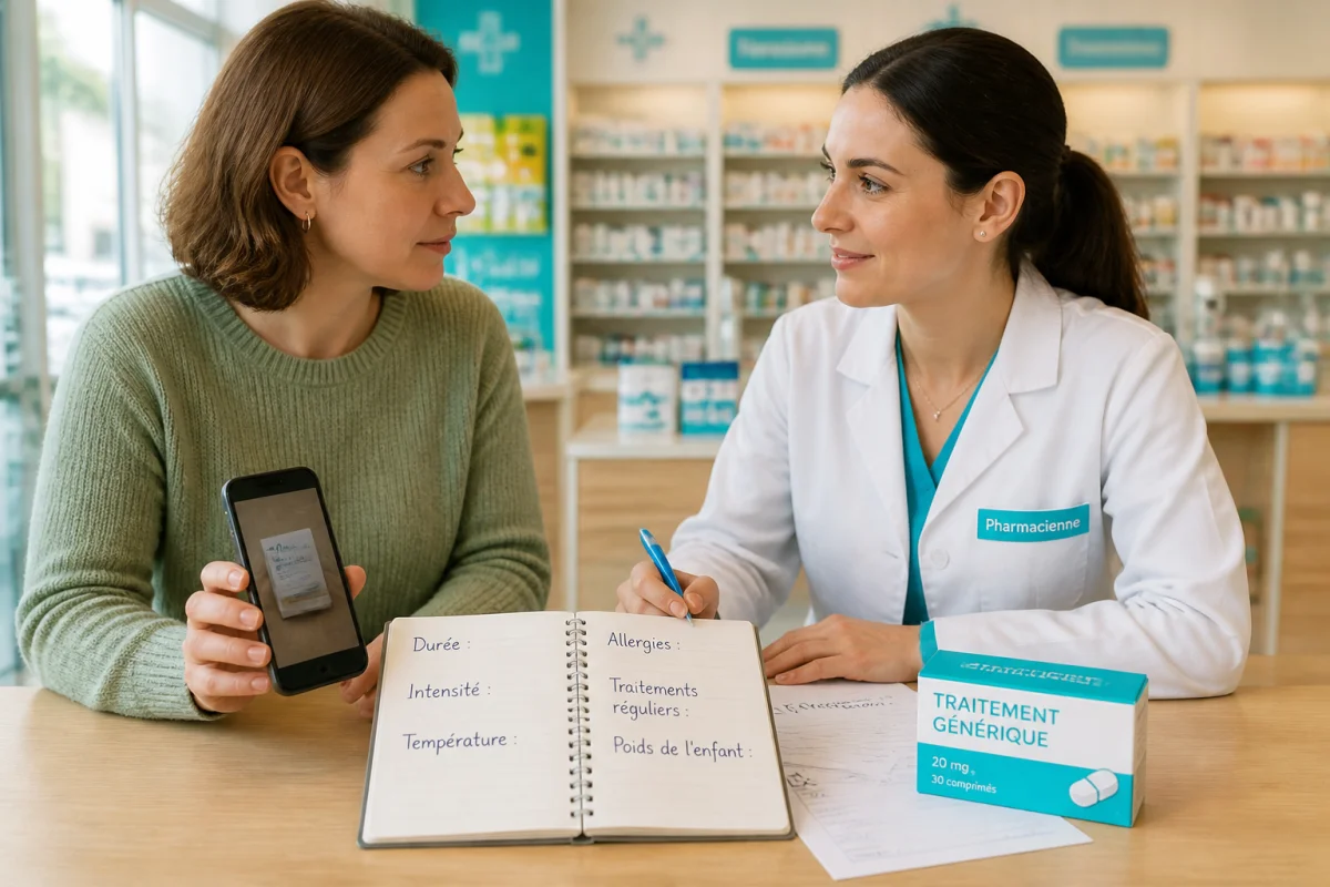 Pharmacienne conseillant un parent, avec carnet de symptômes, ordonnance et traitement générique posés sur le comptoir