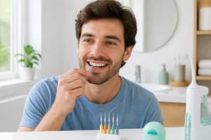 Adulte souriant utilisant une brossette interdentaire dans une salle de bains lumineuse pour ses soins dentaires au quotidien