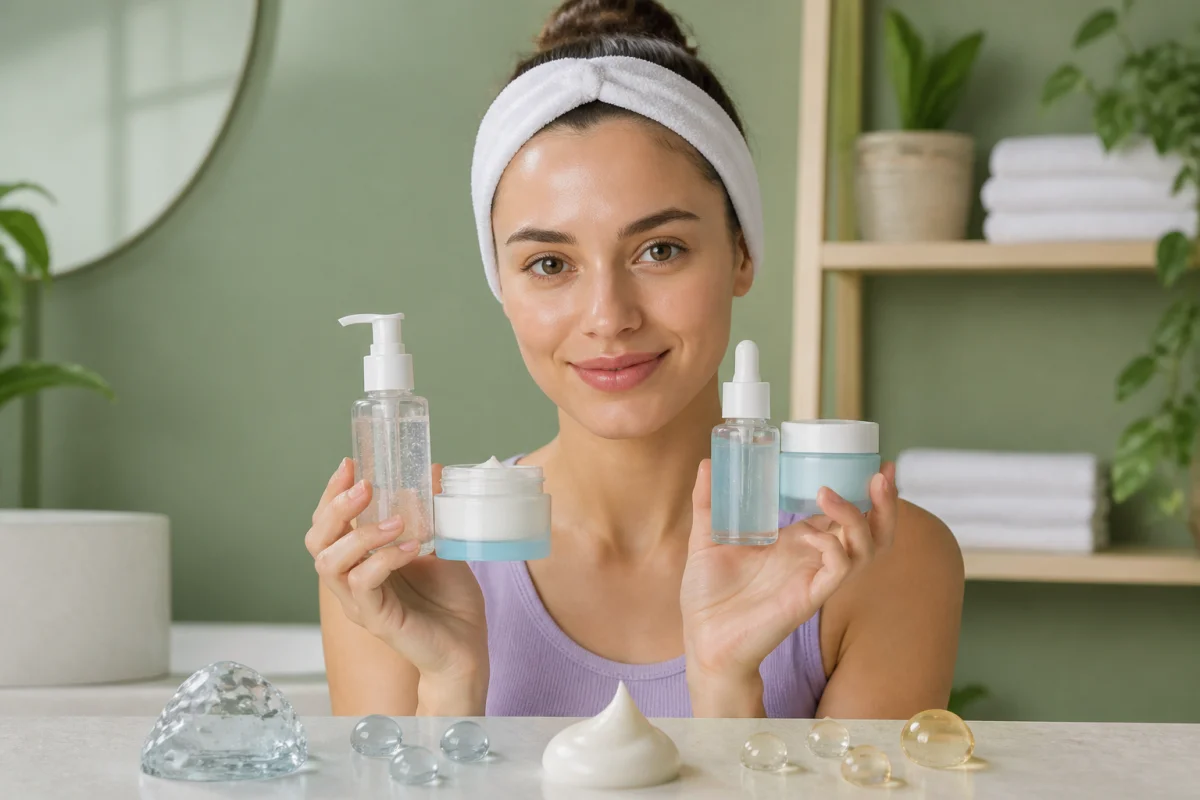 Jeune femme présentant des soins du visage hydratants aux textures variées dans une salle de bain lumineuse